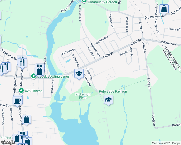 map of restaurants, bars, coffee shops, grocery stores, and more near 8 Asylum Road in Warren