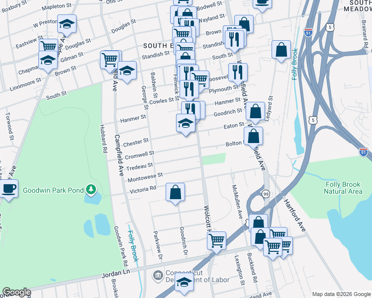 map of restaurants, bars, coffee shops, grocery stores, and more near 17 Cromwell Street in Hartford