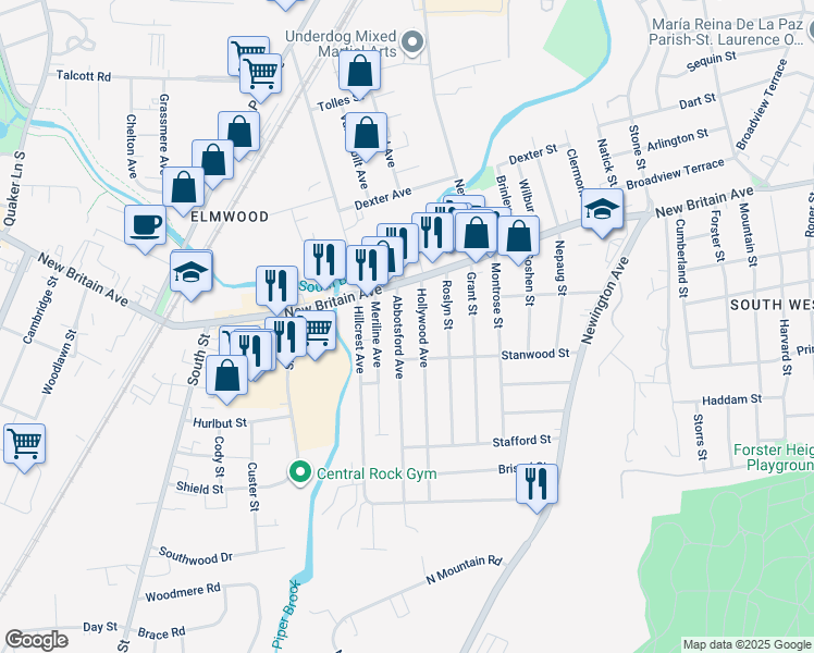 map of restaurants, bars, coffee shops, grocery stores, and more near 30 Abbotsford Avenue in West Hartford
