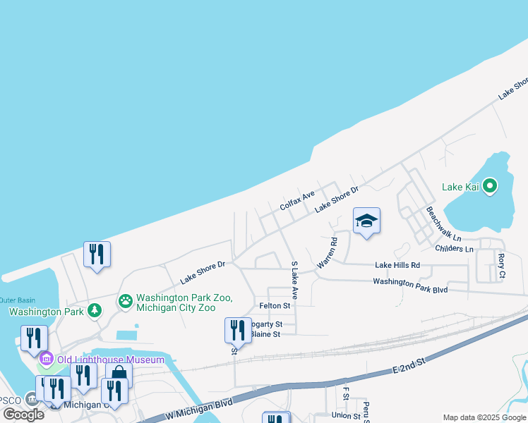 map of restaurants, bars, coffee shops, grocery stores, and more near 208 California Avenue in Michigan City