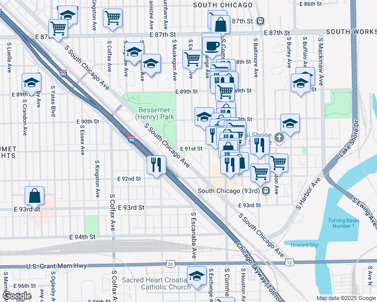 map of restaurants, bars, coffee shops, grocery stores, and more near 2842 East 91st Street in Chicago