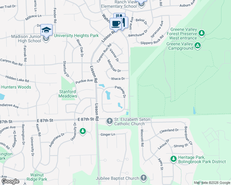 map of restaurants, bars, coffee shops, grocery stores, and more near 1632 Pathway Drive in Naperville