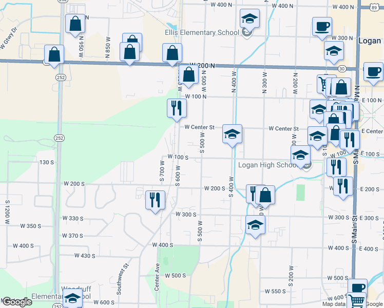 map of restaurants, bars, coffee shops, grocery stores, and more near 539 West 100 South in Logan