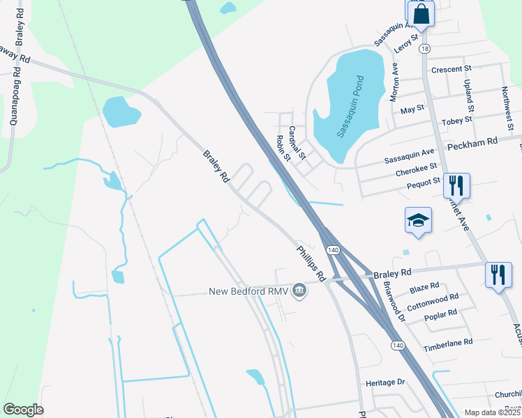 map of restaurants, bars, coffee shops, grocery stores, and more near 1475 Braley Road in New Bedford
