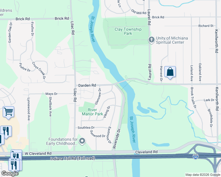 map of restaurants, bars, coffee shops, grocery stores, and more near 1299 Northlea Drive in South Bend