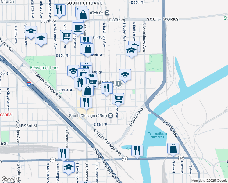map of restaurants, bars, coffee shops, grocery stores, and more near 9106 South Brandon Avenue in Chicago