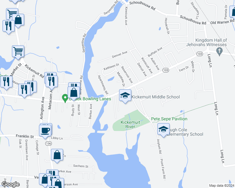 map of restaurants, bars, coffee shops, grocery stores, and more near 519 Rhode Island 103 in Warren