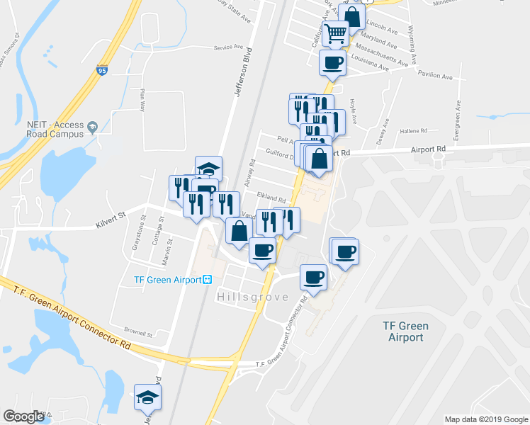 map of restaurants, bars, coffee shops, grocery stores, and more near 27 Richfield Street in Warwick