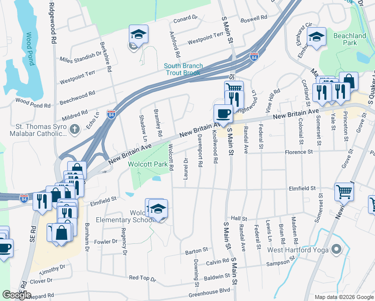 map of restaurants, bars, coffee shops, grocery stores, and more near 26 Thorne Road in West Hartford
