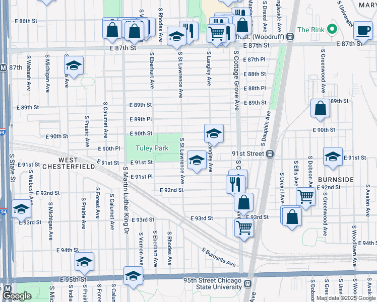map of restaurants, bars, coffee shops, grocery stores, and more near 611 East 90th Place in Chicago
