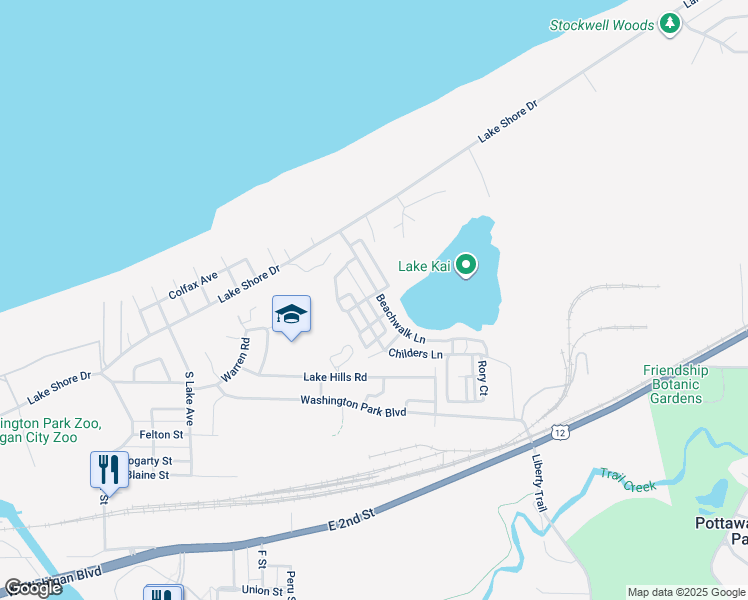 map of restaurants, bars, coffee shops, grocery stores, and more near 101 Moss Parkway in Michigan City
