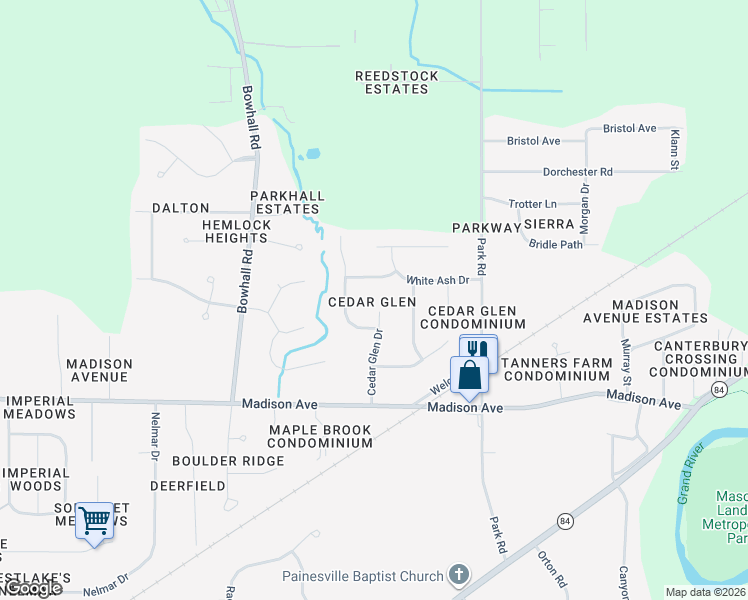 map of restaurants, bars, coffee shops, grocery stores, and more near 115 Cedar Glen Drive in Painesville