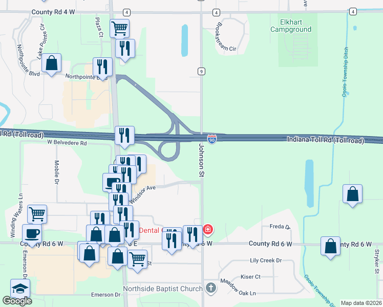 map of restaurants, bars, coffee shops, grocery stores, and more near 3002 Coast Court in Elkhart