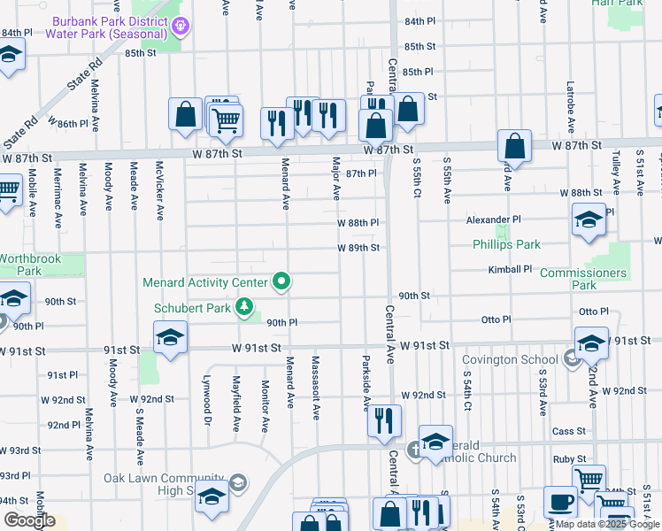 map of restaurants, bars, coffee shops, grocery stores, and more near 5704 89th Place in Oak Lawn