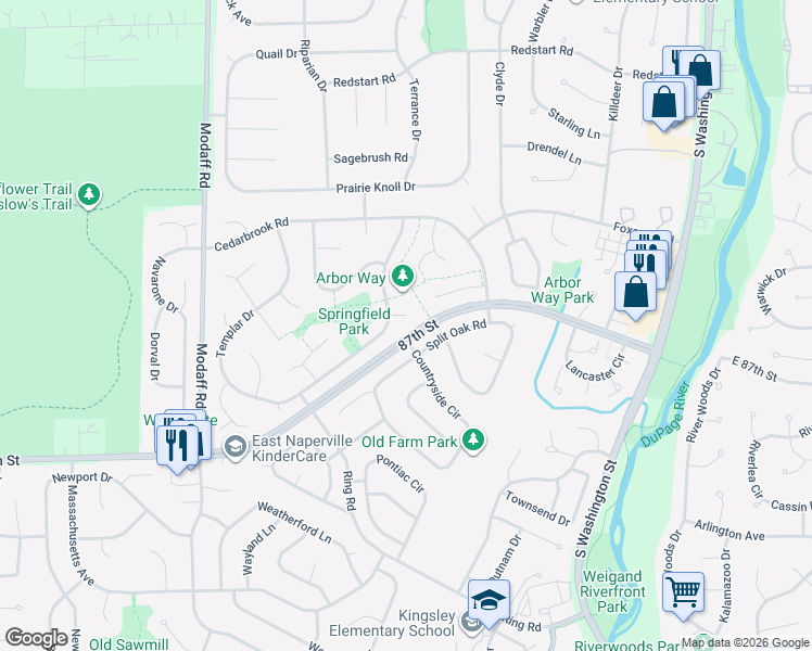 map of restaurants, bars, coffee shops, grocery stores, and more near 214 Longridge Court in Naperville