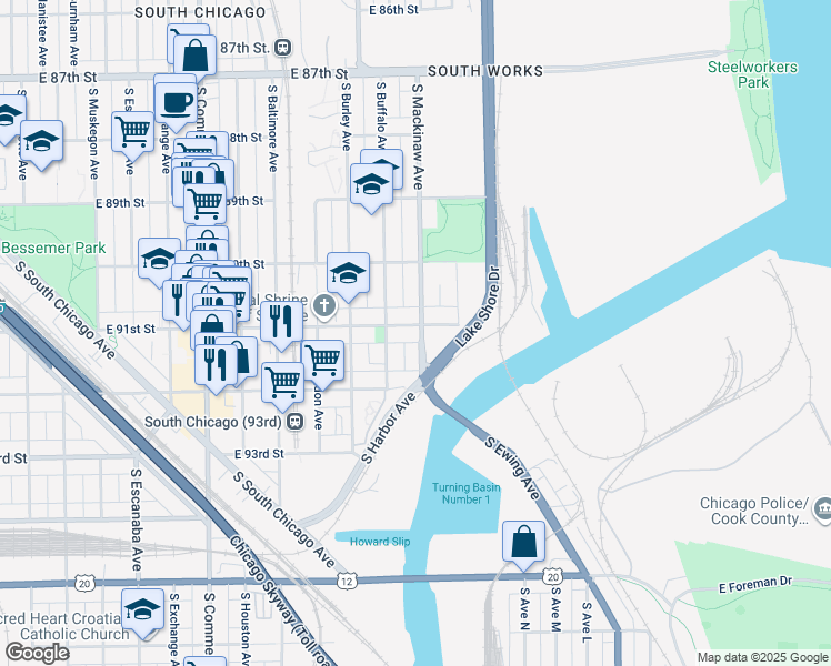 map of restaurants, bars, coffee shops, grocery stores, and more near 3327 East 91st Street in Chicago