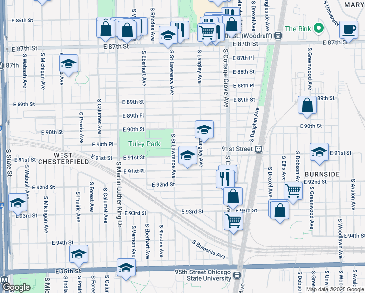 map of restaurants, bars, coffee shops, grocery stores, and more near 611 East 90th Place in Chicago