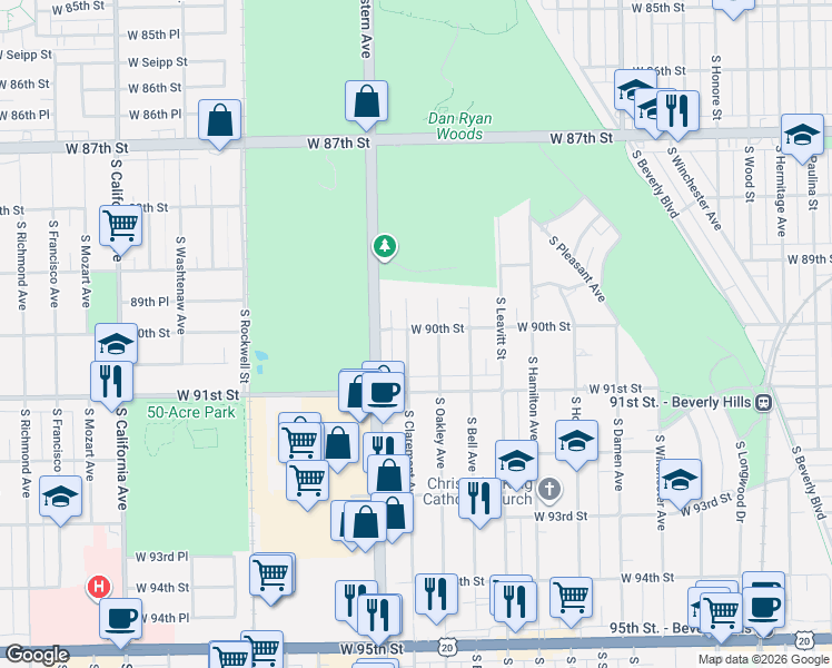 map of restaurants, bars, coffee shops, grocery stores, and more near 9001 South Claremont Avenue in Chicago
