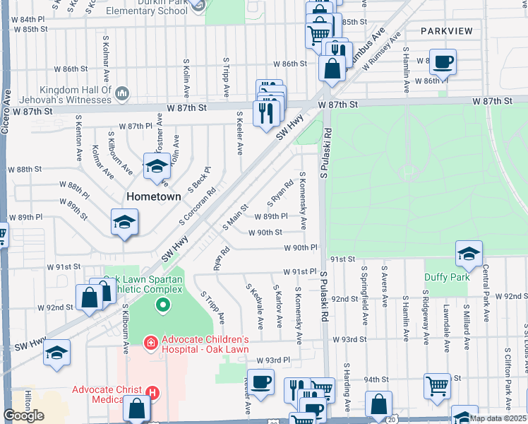 map of restaurants, bars, coffee shops, grocery stores, and more near 4128 West 89th Place in Hometown