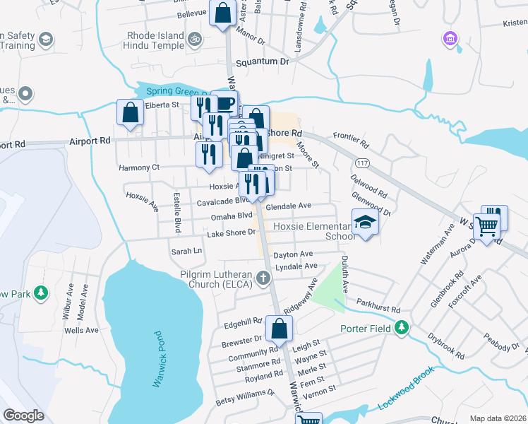 map of restaurants, bars, coffee shops, grocery stores, and more near 1706 Warwick Avenue in Warwick