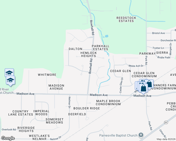 map of restaurants, bars, coffee shops, grocery stores, and more near 1257 Foxfire Drive in Painesville
