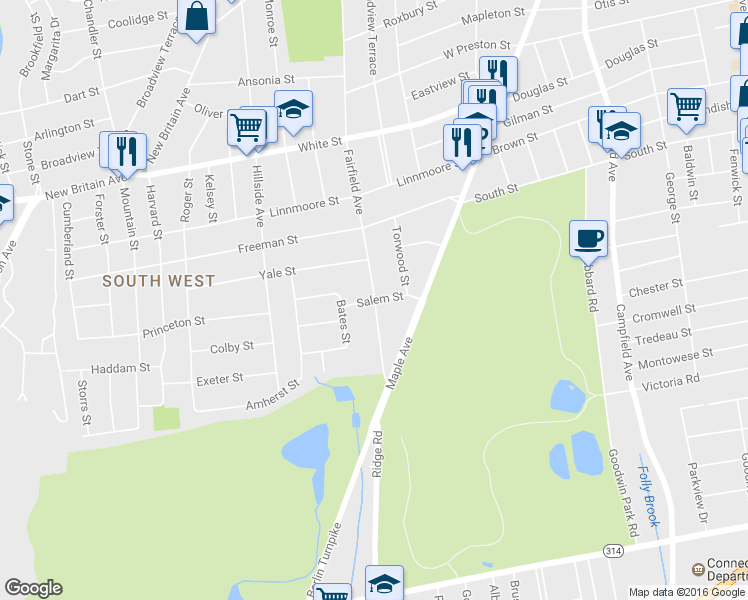 map of restaurants, bars, coffee shops, grocery stores, and more near Fairfield Avenue & Salem Street in Hartford