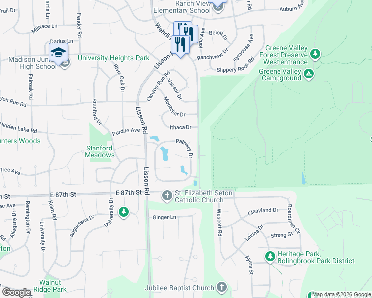 map of restaurants, bars, coffee shops, grocery stores, and more near 1632 Pathway Drive in Naperville
