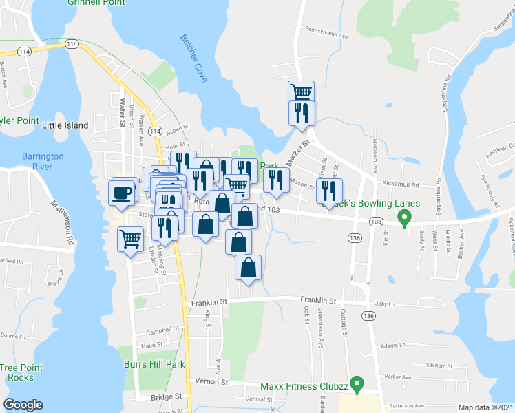 map of restaurants, bars, coffee shops, grocery stores, and more near 174 Rhode Island 103 in Warren