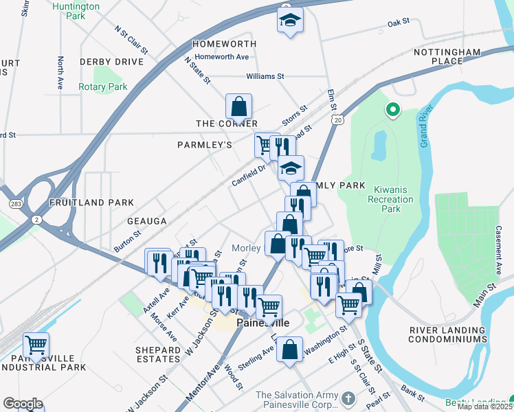 map of restaurants, bars, coffee shops, grocery stores, and more near 285 North Saint Clair Street in Painesville