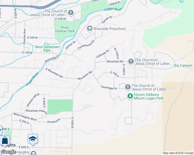 map of restaurants, bars, coffee shops, grocery stores, and more near 1147 Eastridge Drive in Logan