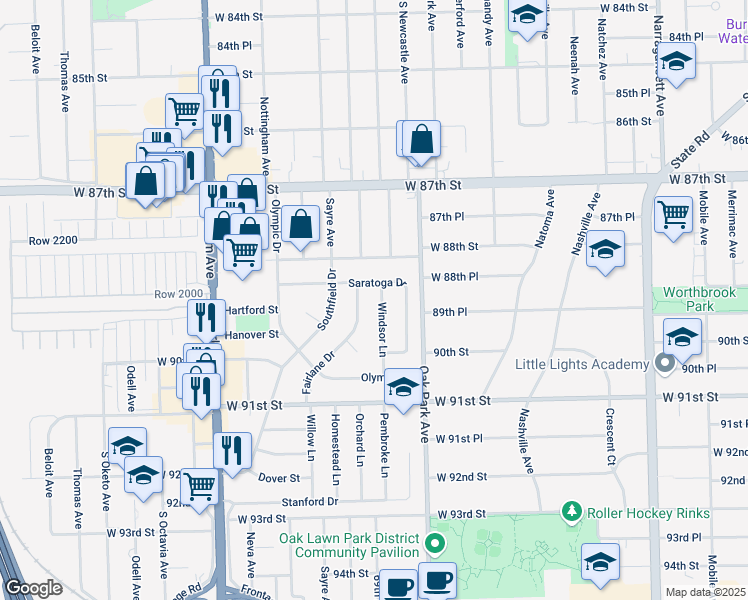 map of restaurants, bars, coffee shops, grocery stores, and more near 8906 Windsor Lane in Bridgeview