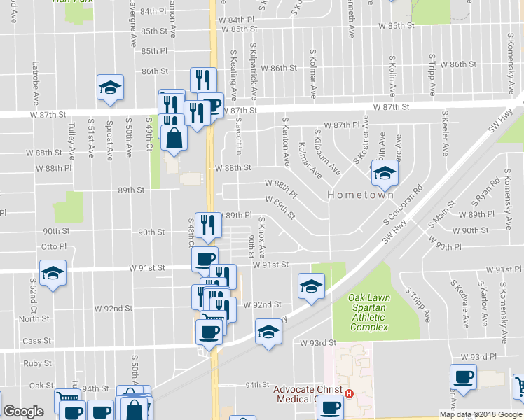 map of restaurants, bars, coffee shops, grocery stores, and more near 4638 West 89th Place in Hometown