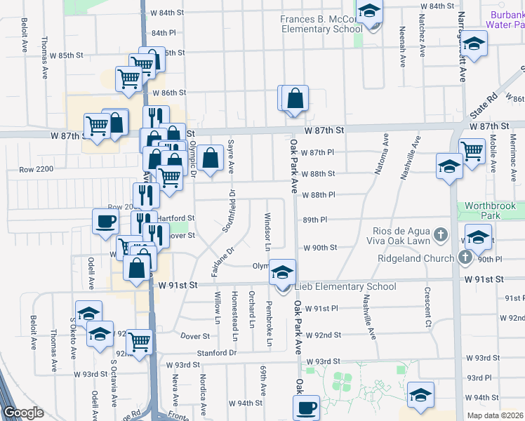 map of restaurants, bars, coffee shops, grocery stores, and more near 8906 Windsor Lane in Bridgeview