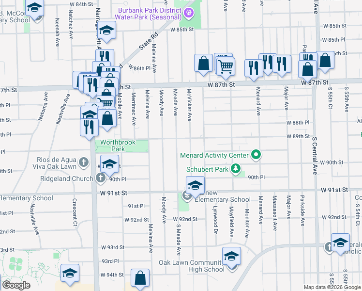 map of restaurants, bars, coffee shops, grocery stores, and more near 8909 Meade Avenue in Oak Lawn