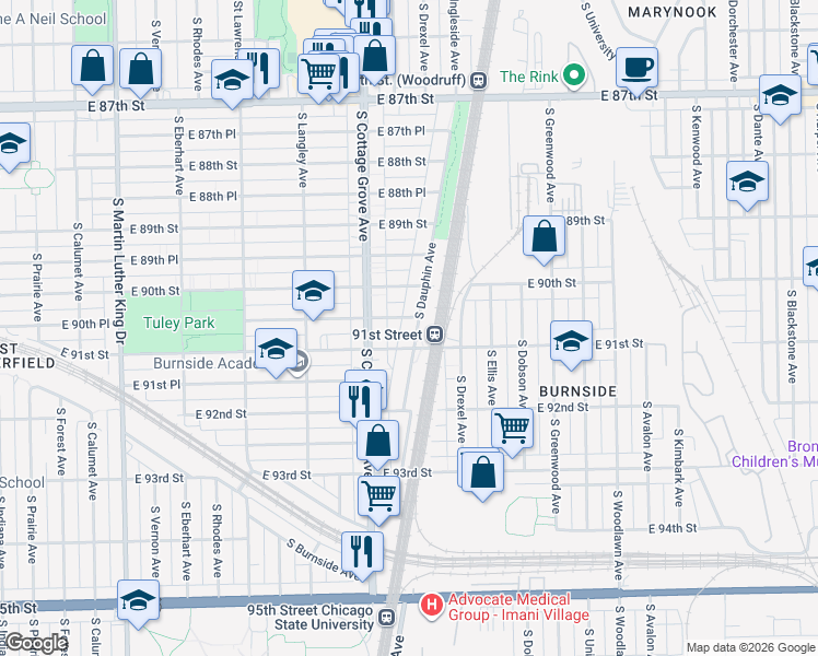 map of restaurants, bars, coffee shops, grocery stores, and more near 9040 South Dauphin Avenue in Chicago