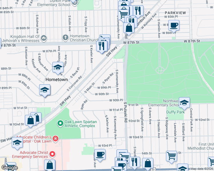 map of restaurants, bars, coffee shops, grocery stores, and more near 4104 West 89th Place in Hometown
