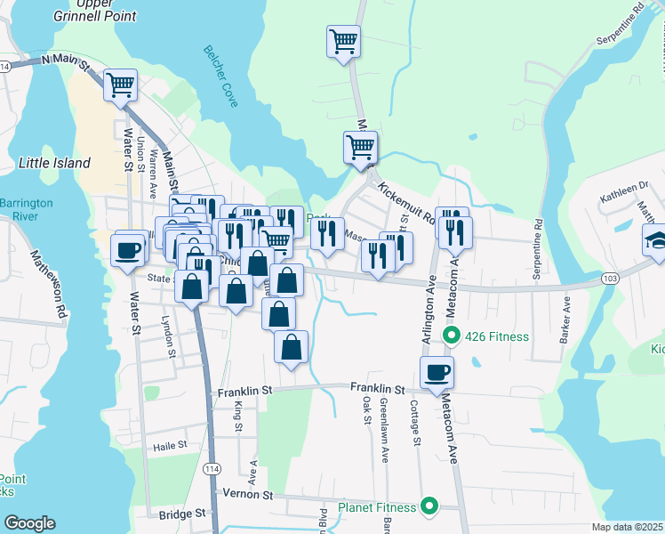 map of restaurants, bars, coffee shops, grocery stores, and more near 210 Child St in Warren