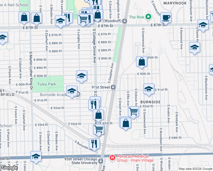 map of restaurants, bars, coffee shops, grocery stores, and more near 9040 South Dauphin Avenue in Chicago