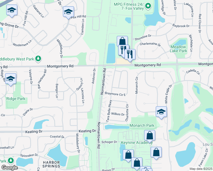 map of restaurants, bars, coffee shops, grocery stores, and more near 1412 Normantown Road in Naperville