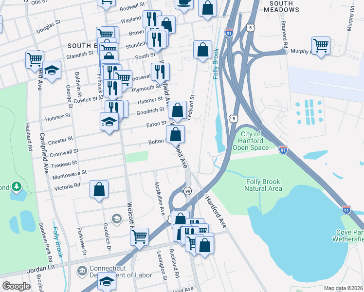 map of restaurants, bars, coffee shops, grocery stores, and more near 958 Wethersfield Avenue in Hartford