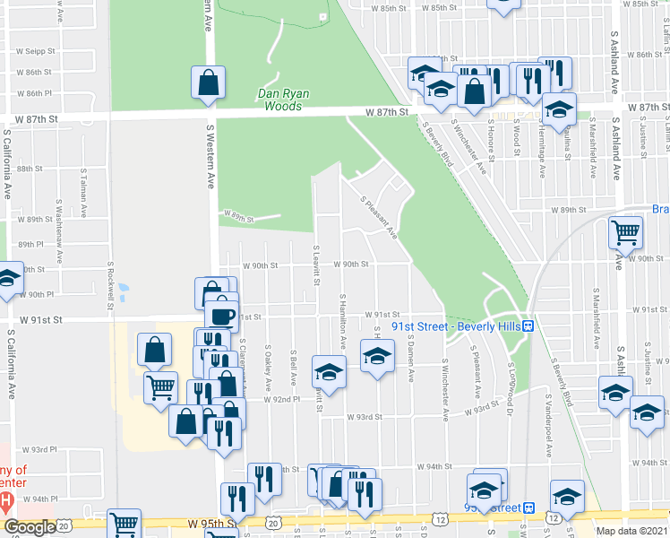 map of restaurants, bars, coffee shops, grocery stores, and more near 9000 South Hamilton Avenue in Chicago