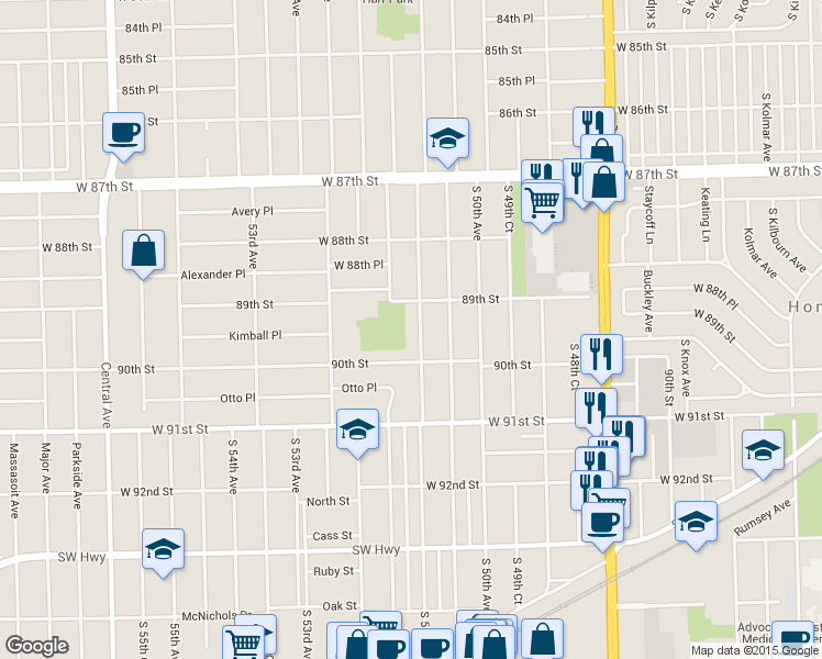 map of restaurants, bars, coffee shops, grocery stores, and more near 8920 South 51st Avenue in Oak Lawn