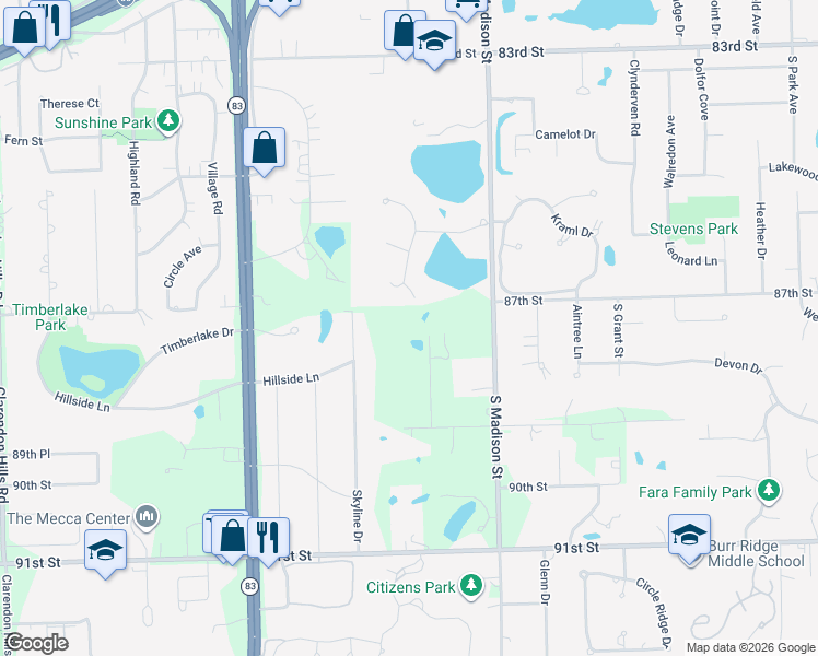 map of restaurants, bars, coffee shops, grocery stores, and more near 16W130 89th Place in Burr Ridge