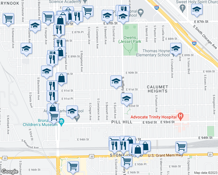map of restaurants, bars, coffee shops, grocery stores, and more near 9055 South Bennett Avenue in Chicago