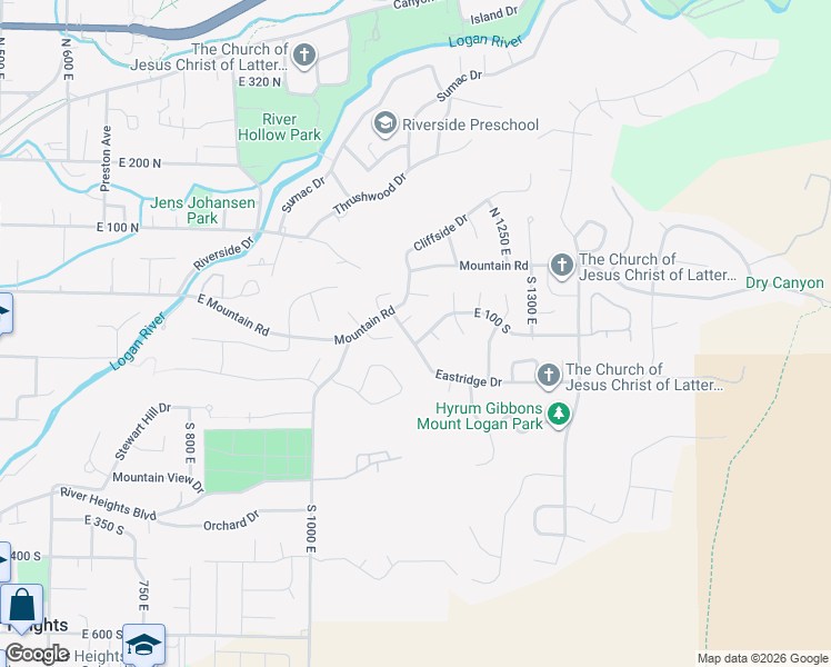 map of restaurants, bars, coffee shops, grocery stores, and more near 1147 Eastridge Drive in Logan