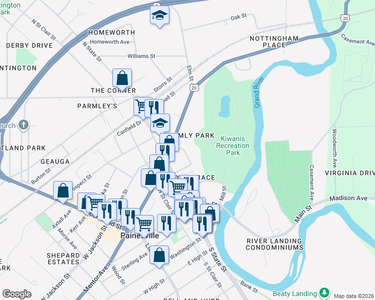 map of restaurants, bars, coffee shops, grocery stores, and more near 340 Rockwood Drive in Painesville