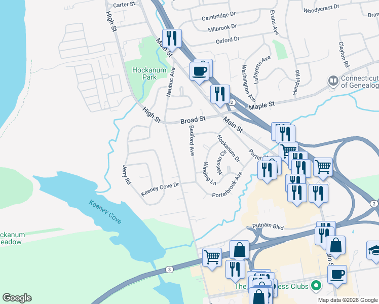 map of restaurants, bars, coffee shops, grocery stores, and more near 55 Bedford Avenue in East Hartford