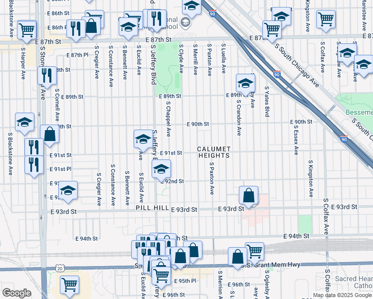 map of restaurants, bars, coffee shops, grocery stores, and more near 9055 South Clyde Avenue in Chicago