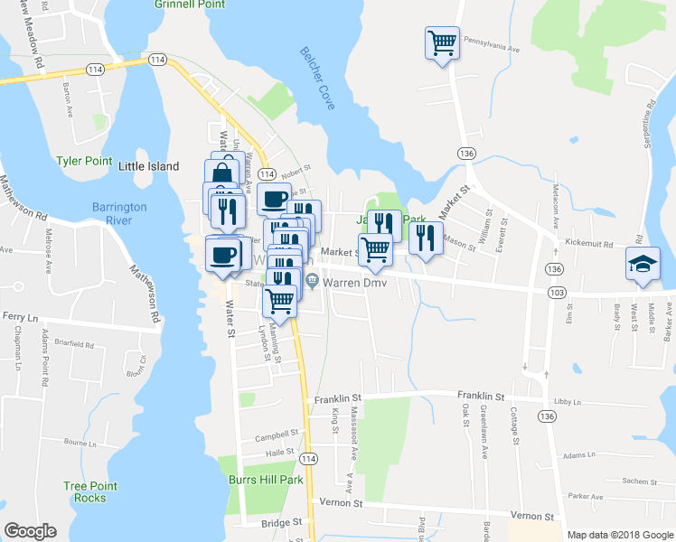 map of restaurants, bars, coffee shops, grocery stores, and more near 85 Child Street in Warren