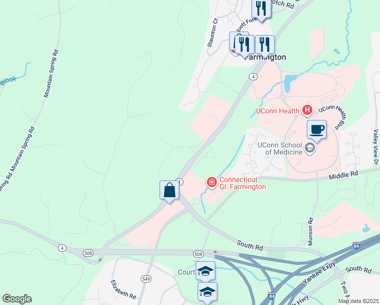 map of restaurants, bars, coffee shops, grocery stores, and more near 406 Farmington Avenue in Farmington